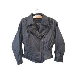 80s Peplum Biker Fitted Black Leather Jacket Authentic Vintage | Wilsons Leather